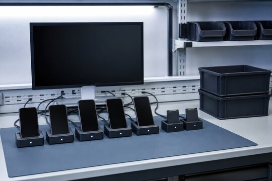 Secure electronics data sanitization station with phones, drives and blank monitor for device recycling and privacy compliance campaigns