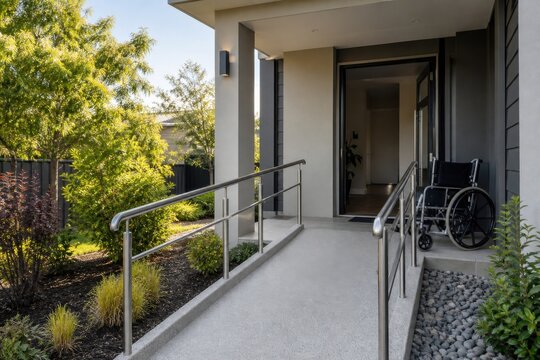 Wheelchair accessible home entrance with a gentle ramp and secure handrails for inclusive housing, mobility and renovation campaigns