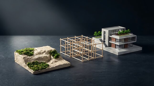 Un modelo arquitect&oacute;nico de desarrollo inmobiliario con un terreno, una estructura de madera y una casa moderna