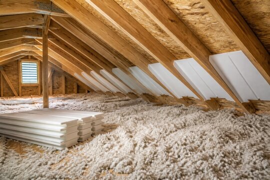 Attic ventilation baffles installed above insulation during a home retrofit for moisture control, roof durability and energy efficiency campaigns