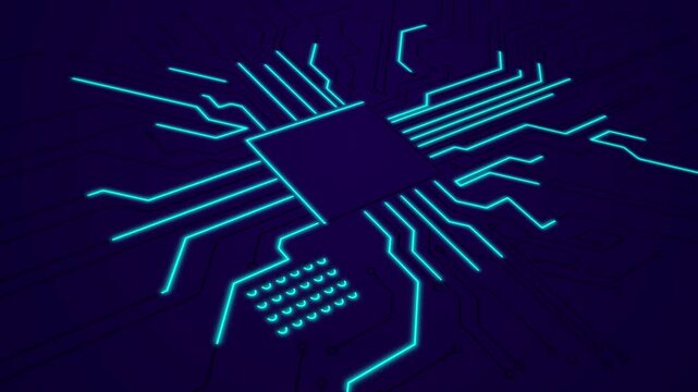 Technology background with glowing circuit board patterns and digital lines. Chipset technology circuit board in neon style with glowing neon data streams. 3D animated.  4K.  Animated Video