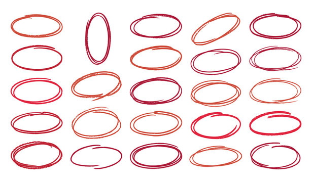  Hand drawn red oval circle vector set collection featuring marker doodle loops highlighted rings and scribble correction frames isolated on white background