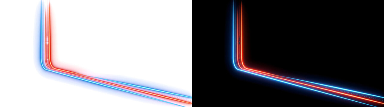 Sharp corner light lines of glowing blue and red rays bend downward in PNG, Transparent and Black Background Versions for tech designs