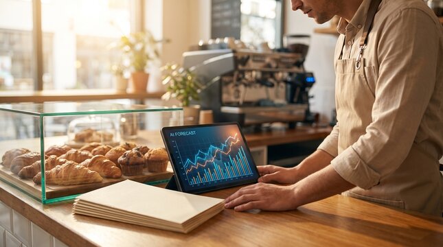 Cafe owner reviewing tablet sales planning at counter, generative AI workflow for local cafe marketing with pastries and clean copy space, business website header image