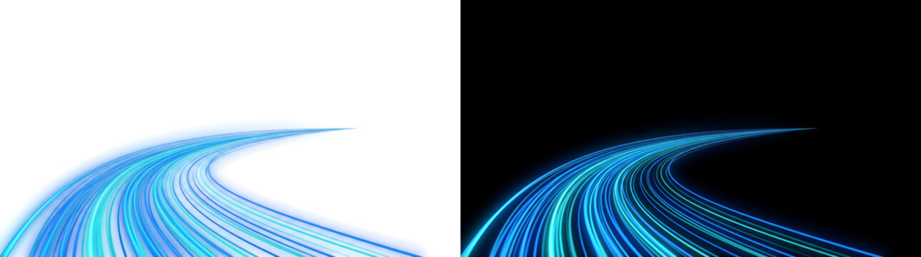 Curved road lines of glowing blue and teal light sweep across in PNG, Transparent and Black Background Versions for tech designs