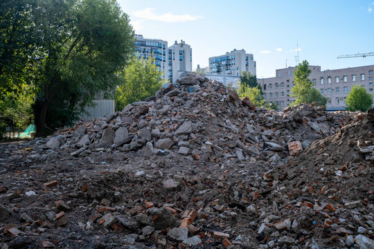 Large Pile of Construction Debris at Urban Demolition Site