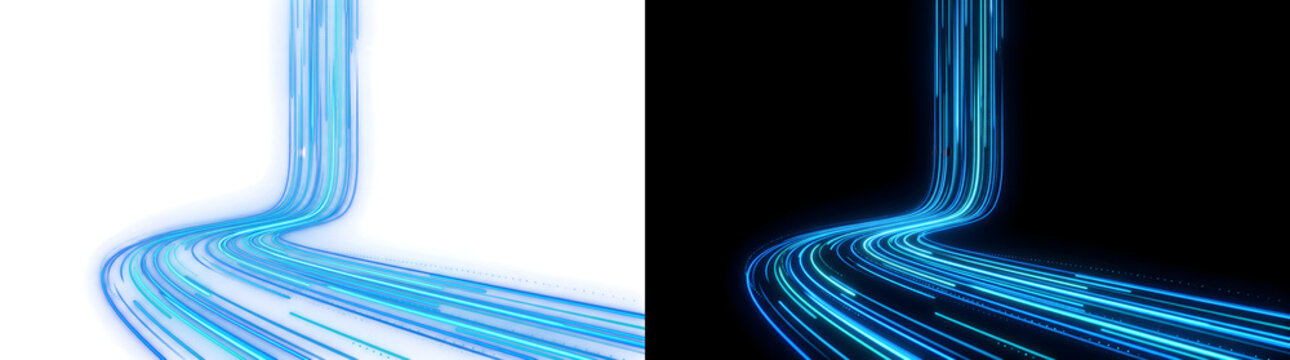 Cyber highway lines of glowing blue and teal light bend into a road in PNG, Transparent and Black Background Versions for tech designs