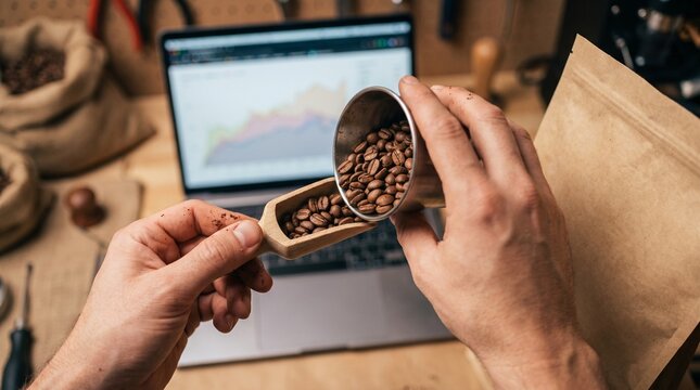 Coffee roaster planning subscription demand, small food business AI workflow with beans and kraft paper copy space, commercial stock photo for websites and advertising