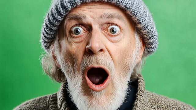Surprised elderly man in knitted hat and sweater on green background