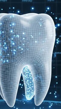 Detailed Visualization of a 3D Tooth Structure Represented in a Gridded Format, Highlighting Internal Composition and Dental Health Metrics for Educational Purposes