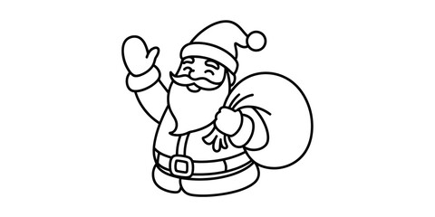 Obraz premium Happy santa claus waving hand and holding a gift bag in a simple line art drawing