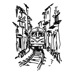 Street tram approaching through narrow city in scribble doodle line art © Kaz