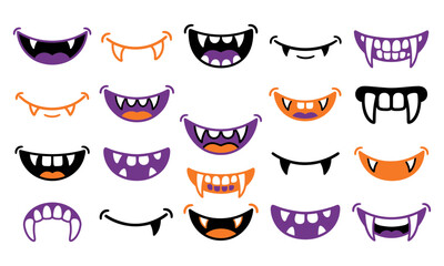 Happy Halloween Colorful cartoon monster teeth and mouth expressions isolated Vector