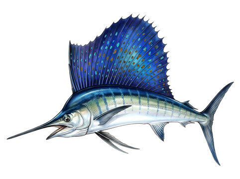 Blue sailfish swimming fast in the deep blue ocean