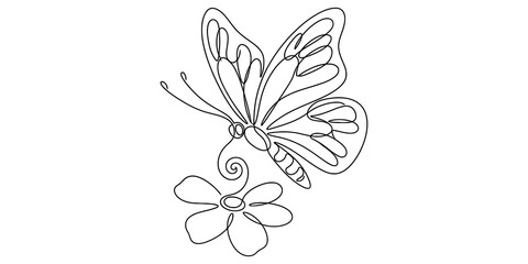 Fototapeta premium Continuous line drawing of a beautiful butterfly landing on a simple flower