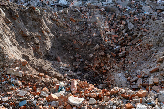 Construction Rubble and Broken Bricks at Demolition Site