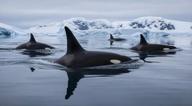 Killer whale pod, orcas and swimming in Antarctic ocean with ice, mountains and marine life for wildlife photography, travel and nature. Sea predator, fin and reflection in cold water with snow
