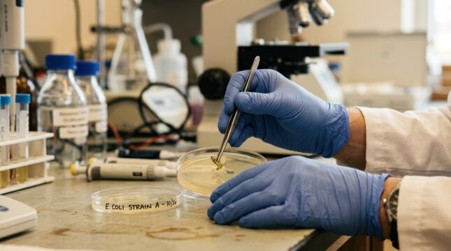 Laboratory researcher analyzing e coli bacteria culture in petri dish with scientific equipment and microscope.