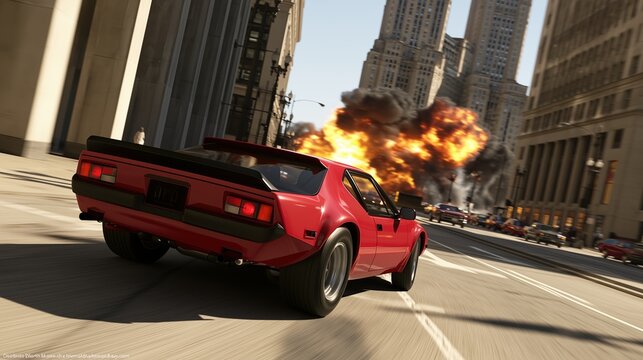 Red sports car escapes a massive explosion during high speed city chase