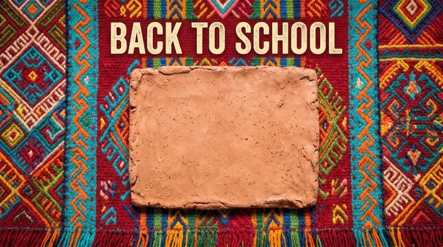 Back to school text above a blank clay tablet. Colorful ethnic woven fabric background with geometric patterns.