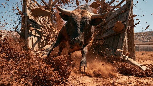 Aggressive rodeo bull smashes through wooden chute as debris explodes outward