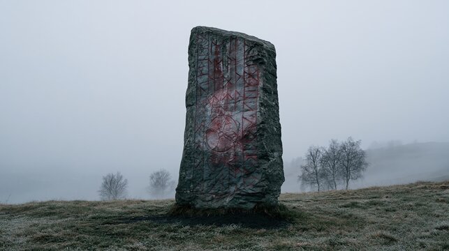Tall carved stone monolith standing alone in a foggy frosty field under gray sky