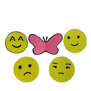 Emotion icons with butterfly between happy faces isolated on transparent background