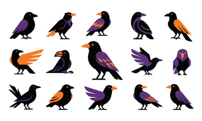 Obraz premium Happy Halloween Colorful cartoon crows in different poses and styles isolated Vector