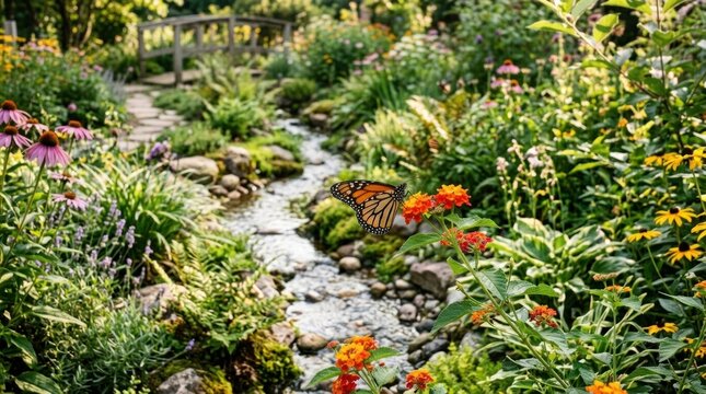Serene garden path with a wooden bridge, babbling brook, and a monarch butterfly resting on vibrant orange flowers