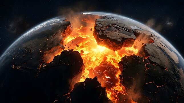 Earth, apocalypse and core with fire for destruction, global warming and climate change. World, cracking and heat with disaster, environmental crisis and end of time for cinema and science