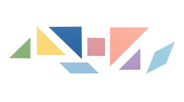 Colorful tangram puzzle pieces for geometry education, classroom activities, mathematics learning and educational design. Isolated on White background.