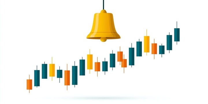A flat vector illustration of a bell ringing above a rising candlestick chart representing a company going public, related to IPO and public offering, offering a versatile and polished visual style.