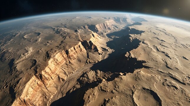 Mars, planet and canyon with craters for exploration, astronomy and science research. Red rock, desert and surface with orbit, atmosphere and geology for discovery and futuristic landscape space view