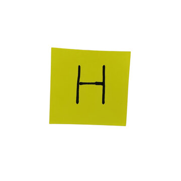 Yellow sticky note with black letter h isolated on transparent background