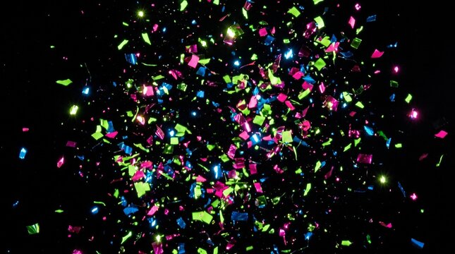 Explosion of bright square confetti pieces scattered over solid black studio background.