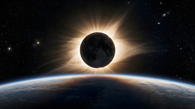 Solar eclipse, planet and space with moon, sun and stars for astronomy, science and education. Earth, corona and orbit with atmosphere, cosmic and universe for discovery, exploration and galaxy
