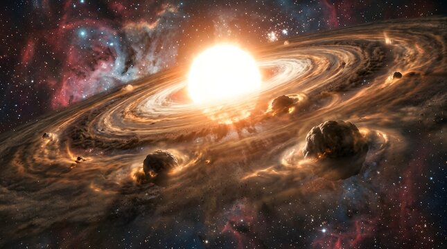 Space, galaxy and star with asteroid belt for astronomy, cosmic research and scientific discovery. Universe, nebula and solar system with planet formation, stardust and exploration science world.