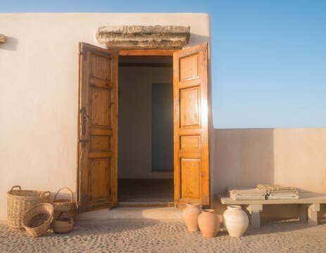 Sunlight glows through rustic wooden doors