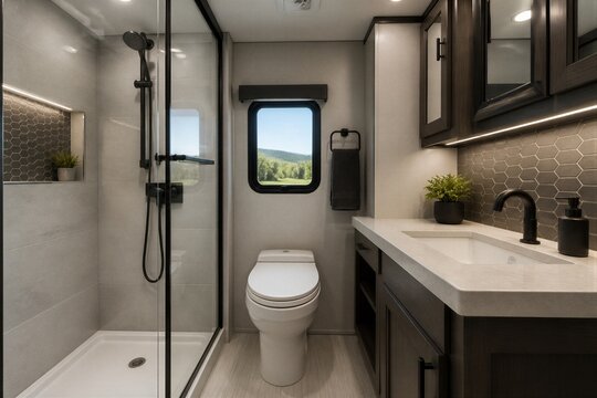 Compact bathroom with shower and toilet in rv interior