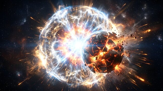 Planet, explosion and space with supernova for cosmic destruction, galaxy research and astronomical event. Deep universe, celestial body and star with fiery light, debris, nebula and asteroid