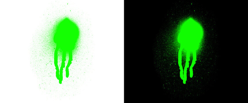 Neon green spray paint drip, vibrant graffiti splatter on white and black background, urban street art paint leak texture