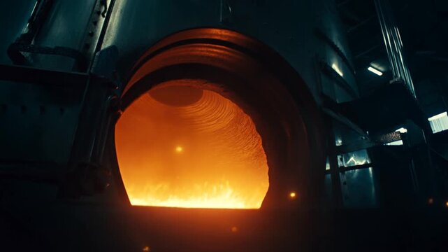 Industrial furnace burns with intense orange flames inside dark metal processing facility