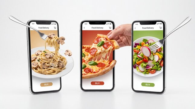 Three smartphones displaying food delivery apps with fresh pasta pizza and crisp garden salad choices with each showcasing different meal option interactive delivery app interfaces