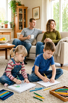 Two children draw with colored pencils while their parents relax on the couch.