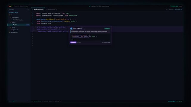 Cyberpunk developer workspace screen displaying automated AI programming code generation