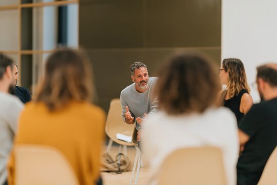 A male coach speaking to a group of adults in a circle for a corporate workshop, featuring a calm earthy mood and soft window light