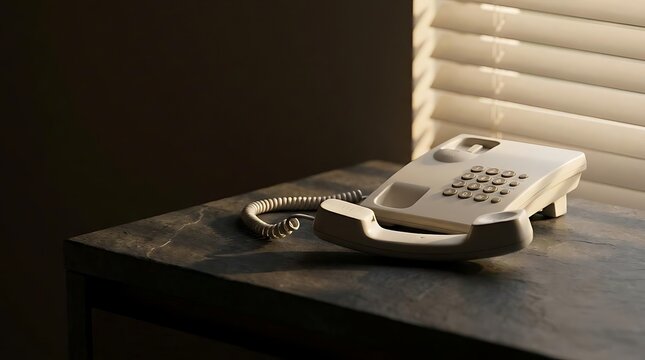 Don't want to talk, a conceptual still life of a telephone receiver left off the hook on a dark desk beside a window, evoking feelings of isolation.
