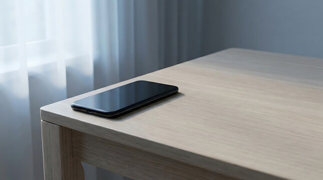 Don't want to talk concept featuring a silent smartphone left alone on a minimalist wooden table in a quiet room suggesting digital disconnection time