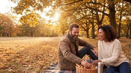 Fototapeta premium Couple Enjoying Autumn Picnic in Park with Golden Sunlight