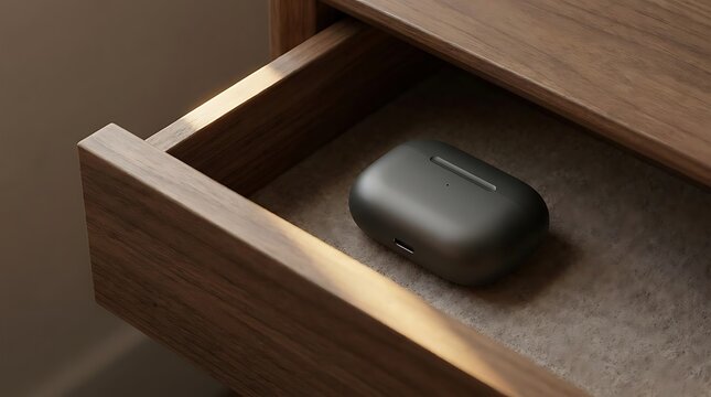 Don't want to talk concept represented by wireless earbuds resting alone inside a dark wooden desk drawer, symbolizing disconnection and solitude